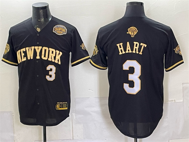 Men's New York Knicks #3 Josh Hart Black Gold 2026 Finals & Eastern Conference Champions Patch Stitched Baseball Jersey Men's New York Knicks #3 Josh Hart Black Gold 2026 Finals & Eastern Conference Champions Patch Stitched Baseball Jersey